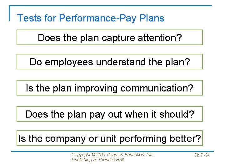 Tests for Performance-Pay Plans Does the plan capture attention? Do employees understand the plan?