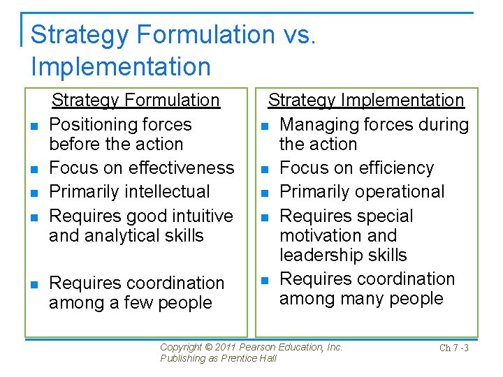 Strategy Formulation vs. Implementation n n Strategy Formulation Positioning forces before the action Focus