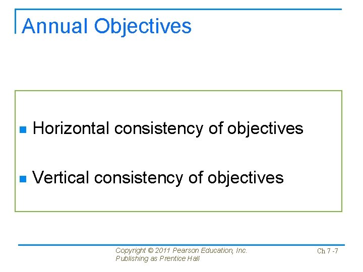 Annual Objectives n Horizontal consistency of objectives n Vertical consistency of objectives Copyright ©