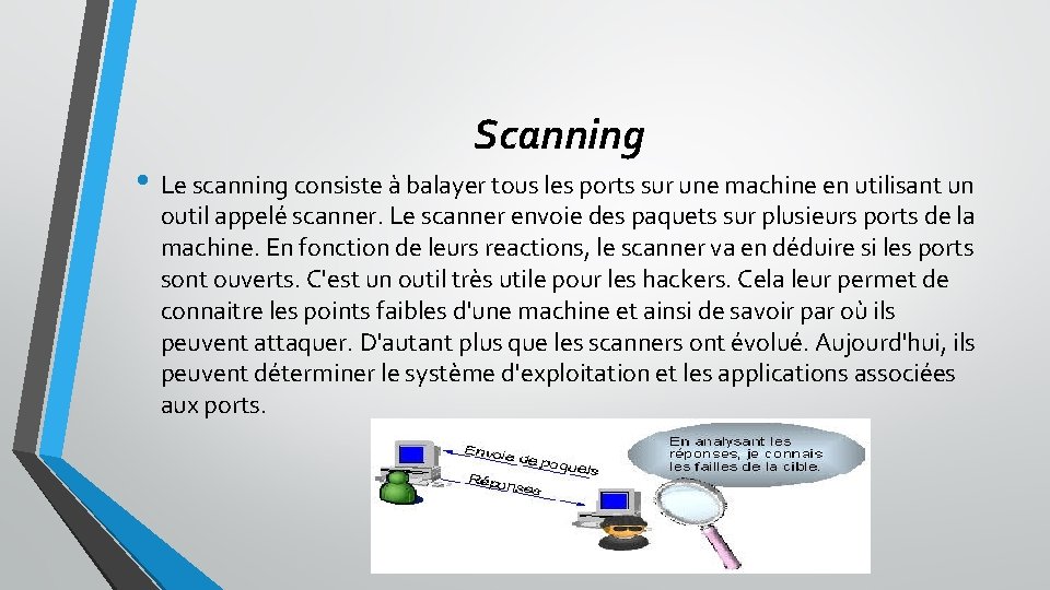 Scanning • Le scanning consiste à balayer tous les ports sur une machine en