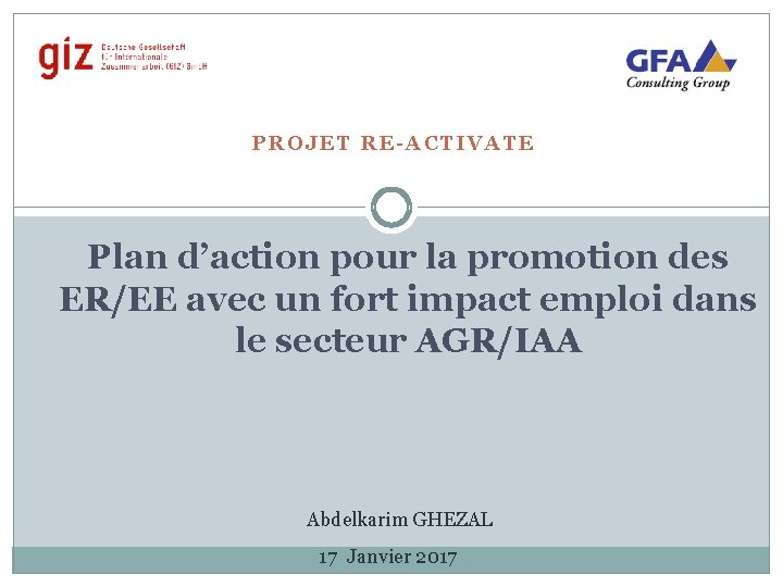 PROJET RE-ACTIVATE Plan d’action pour la promotion des ER/EE avec un fort impact emploi