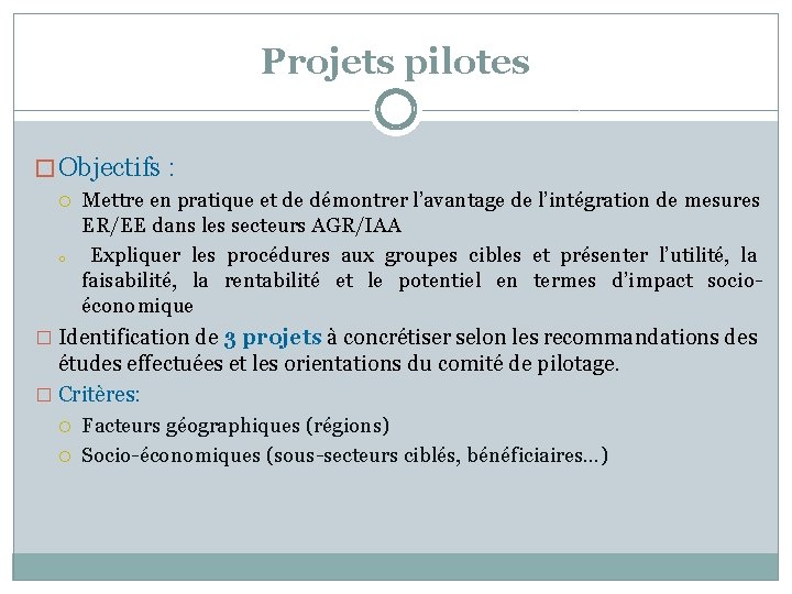 Projets pilotes � Objectifs : Mettre en pratique et de démontrer l’avantage de l’intégration