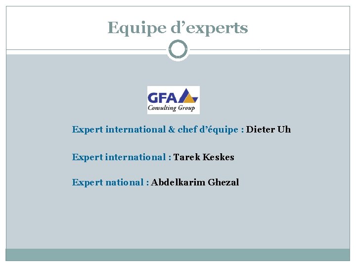 Equipe d’experts Expert international & chef d’équipe : Dieter Uh Expert international : Tarek