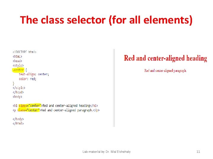 The class selector (for all elements) Lab material by Dr. Mai Elshehaly 11 