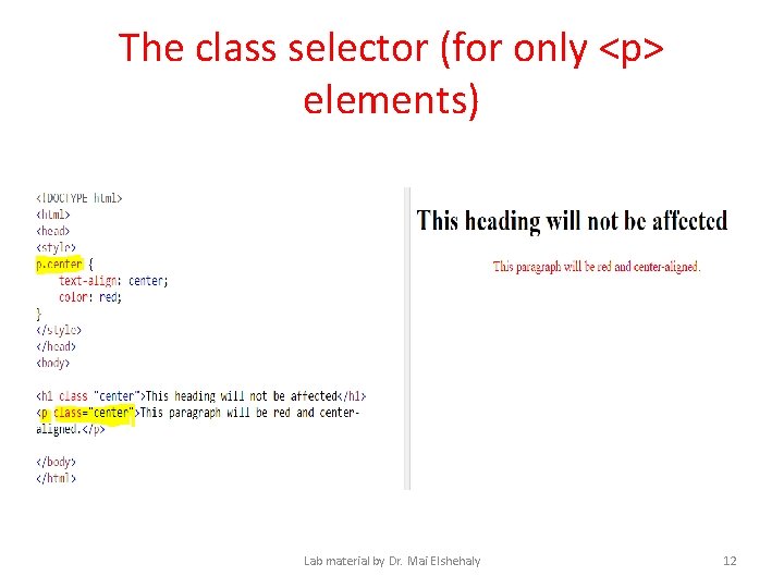 The class selector (for only <p> elements) Lab material by Dr. Mai Elshehaly 12