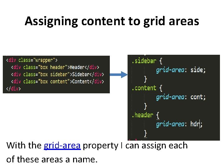 Assigning content to grid areas With the grid-area property I can assign each of