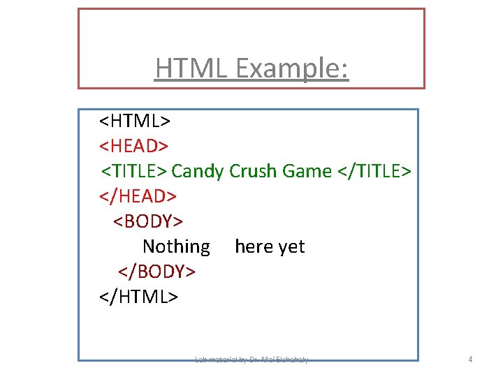HTML Example: <HTML> <HEAD> <TITLE> Candy Crush Game </TITLE> </HEAD> <BODY> Nothing here yet
