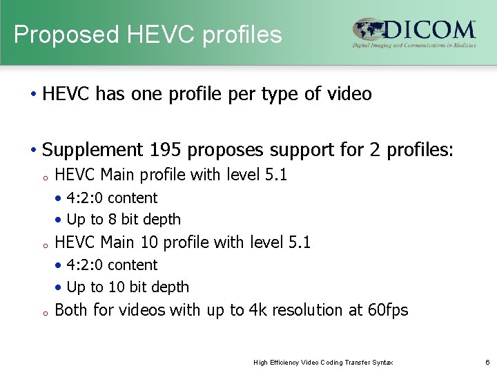 Proposed HEVC profiles • HEVC has one profile per type of video • Supplement