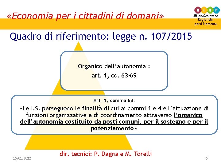  «Economia per i cittadini di domani» Ufficio Scolastico Regionale per il Piemonte Quadro