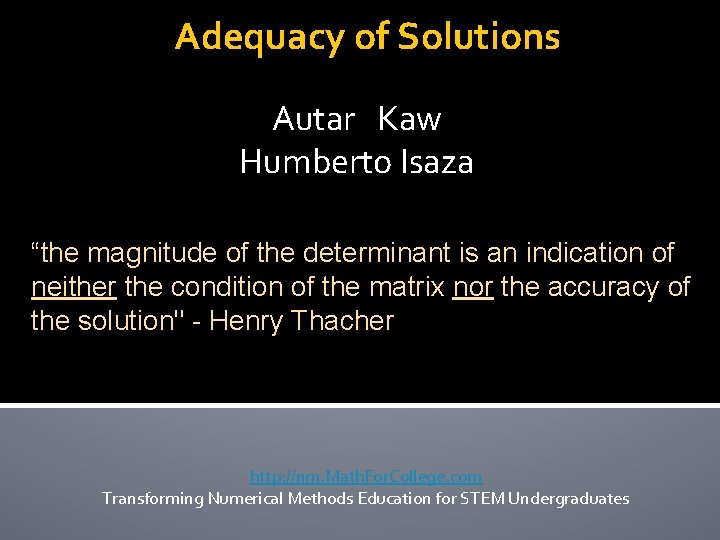 Adequacy of Solutions Autar Kaw Humberto Isaza “the magnitude of the determinant is an