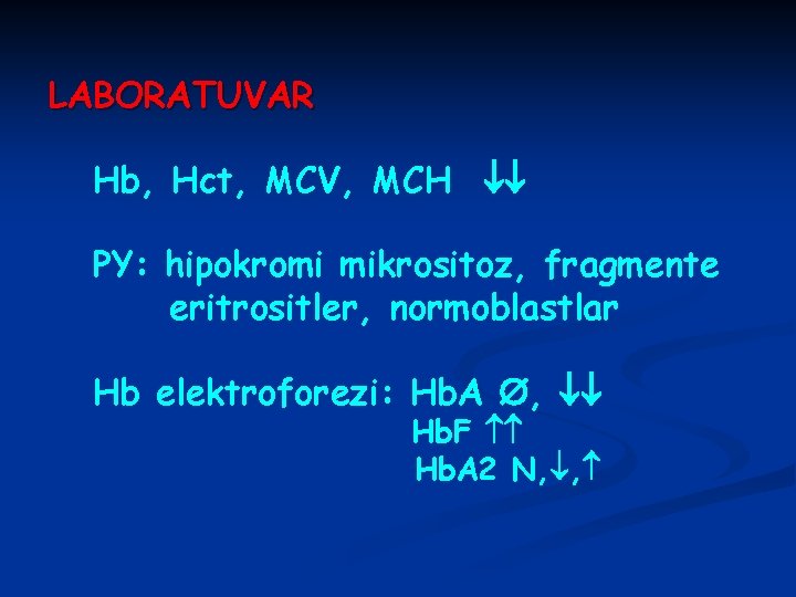 LABORATUVAR Hb, Hct, MCV, MCH PY: hipokromi mikrositoz, fragmente eritrositler, normoblastlar Hb elektroforezi: Hb.