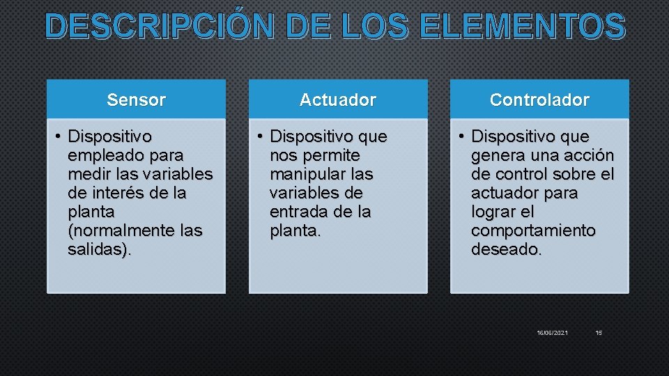 DESCRIPCIÓN DE LOS ELEMENTOS Sensor • Dispositivo empleado para medir las variables de interés