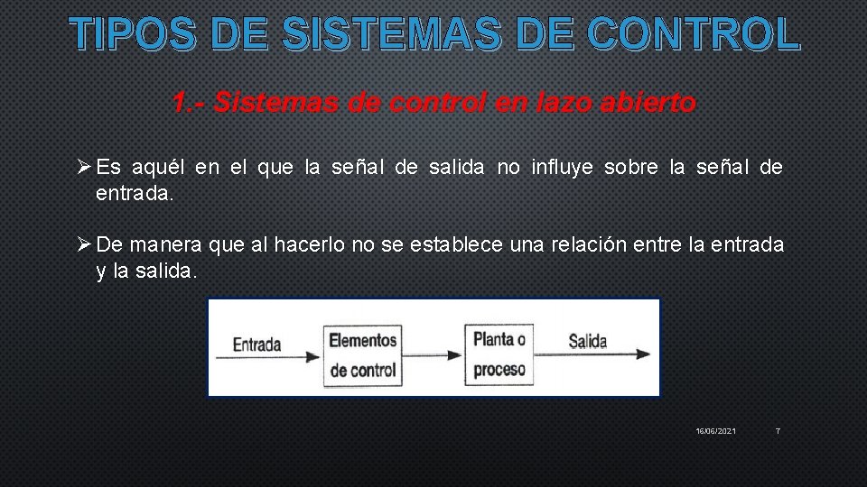 TIPOS DE SISTEMAS DE CONTROL 1. - Sistemas de control en lazo abierto Ø