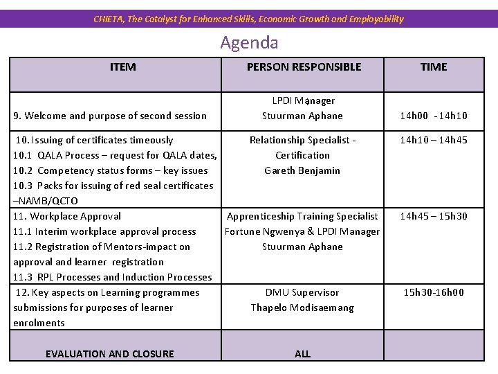 CHIETA, The Catalyst for Enhanced Skills, Economic Growth and Employability Agenda ITEM 9. Welcome