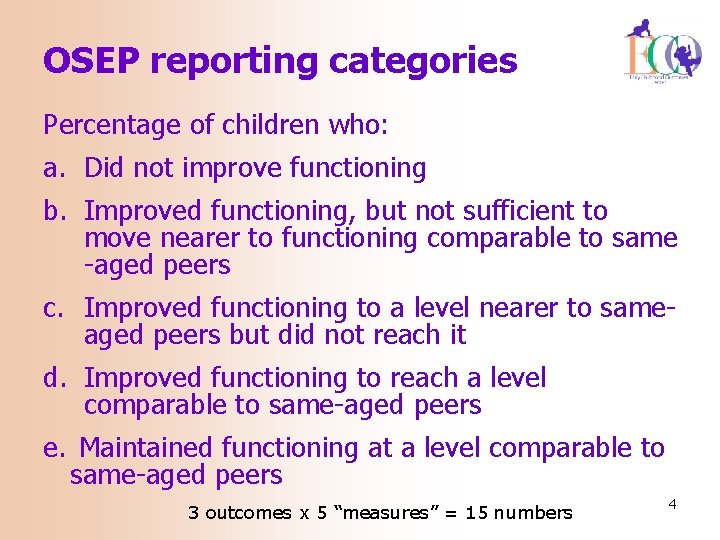 OSEP reporting categories Percentage of children who: a. Did not improve functioning b. Improved