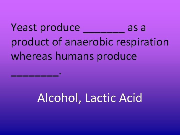 Yeast produce _______ as a product of anaerobic respiration whereas humans produce ____. Alcohol, Yeast produce _______ as a product of anaerobic respiration whereas humans produce ____. Alcohol,