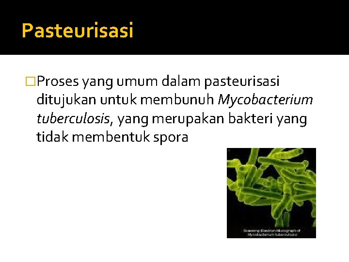 Pasteurisasi �Proses yang umum dalam pasteurisasi ditujukan untuk membunuh Mycobacterium tuberculosis, yang merupakan bakteri