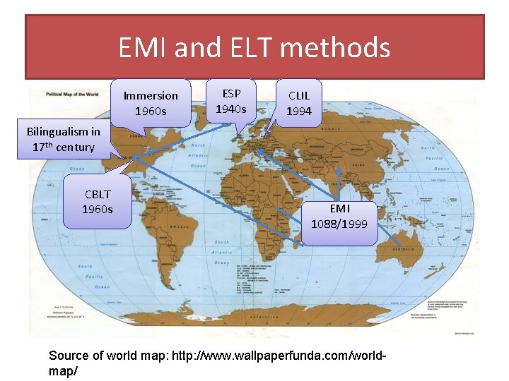 EMI and ELT methods Immersion 1960 s ESP 1940 s CLIL 1994 Bilingualism in
