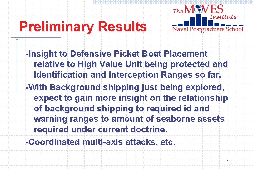 Preliminary Results -Insight to Defensive Picket Boat Placement relative to High Value Unit being