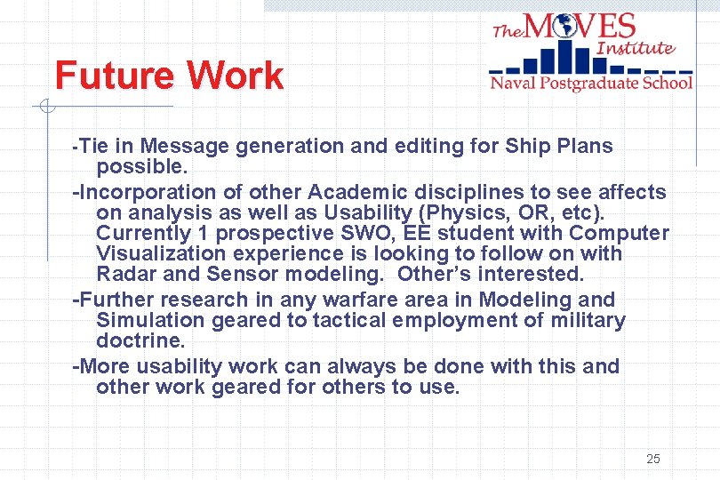 Future Work -Tie in Message generation and editing for Ship Plans possible. -Incorporation of