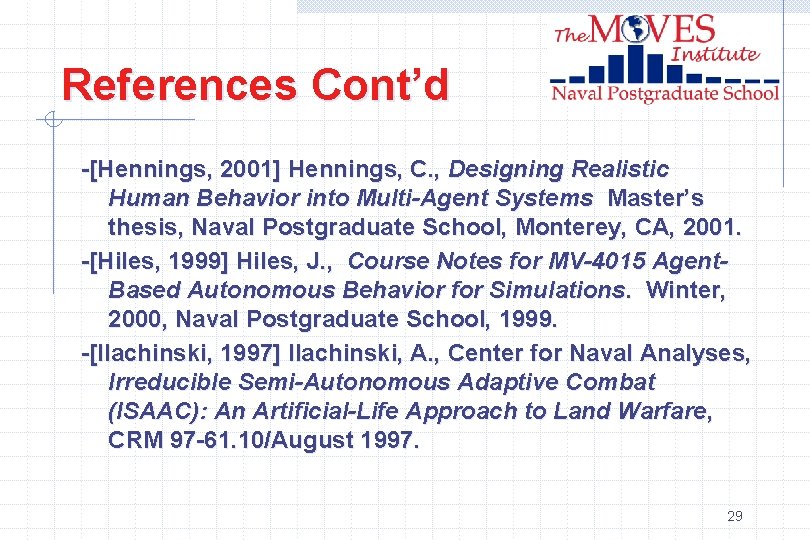 References Cont’d -[Hennings, 2001] Hennings, C. , Designing Realistic Human Behavior into Multi-Agent Systems