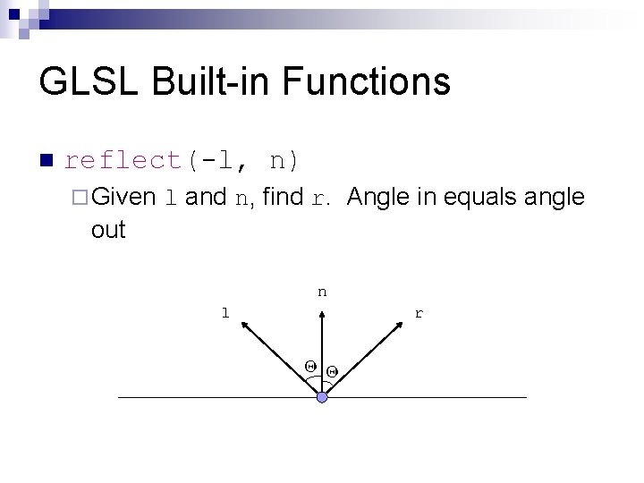 GLSL Built-in Functions n reflect(-l, n) ¨ Given l and n, find r. Angle