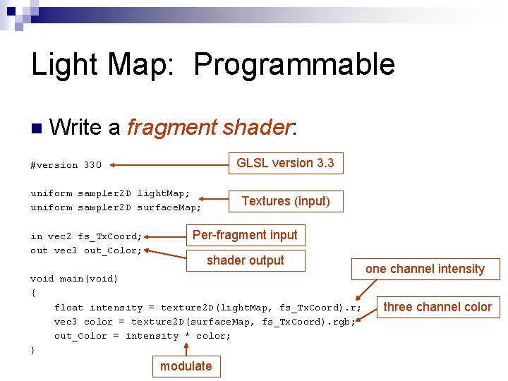 Light Map: Programmable n Write a fragment shader: GLSL version 3. 3 #version 330