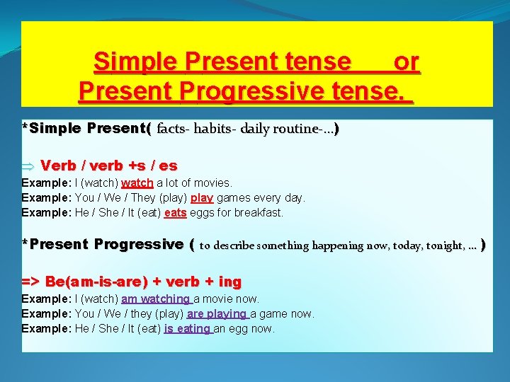 Simple Present tense or Present Progressive tense. *Simple Present( facts- habits- daily routine-…) Þ
