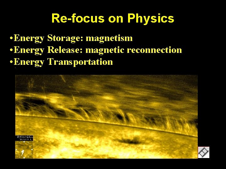 Re-focus on Physics • Energy Storage: magnetism • Energy Release: magnetic reconnection • Energy