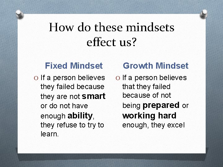 How do these mindsets effect us? Fixed Mindset O If a person believes they