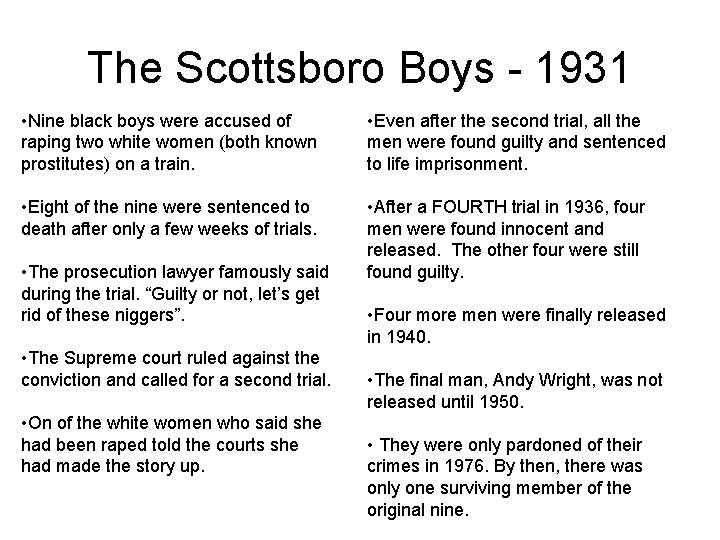 The Scottsboro Boys - 1931 • Nine black boys were accused of raping two