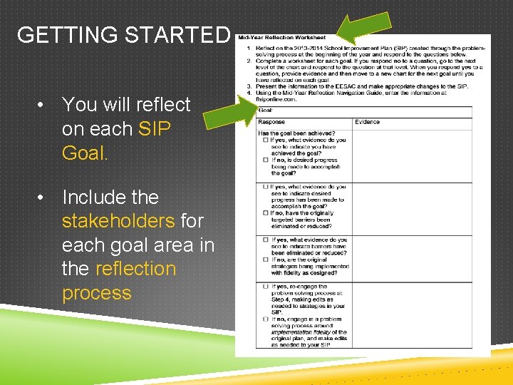GETTING STARTED • You will reflect on each SIP Goal. • Include the stakeholders
