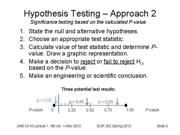 Hypothesis Testing – Approach 2 Significance testing based on the calculated P-value 1. State