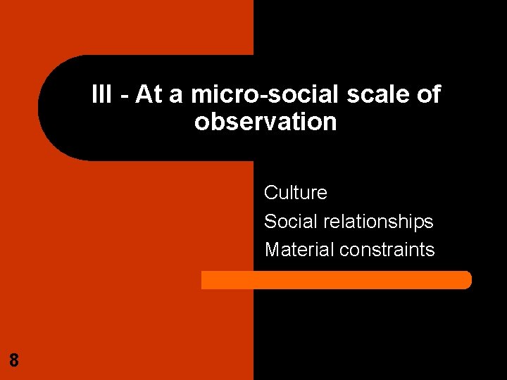 III - At a micro-social scale of observation Culture Social relationships Material constraints 8