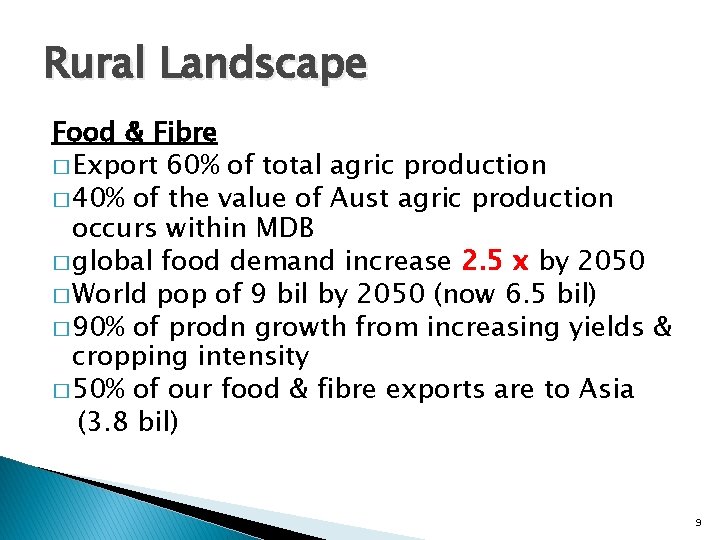 Rural Landscape Food & Fibre � Export 60% of total agric production � 40% Rural Landscape Food & Fibre � Export 60% of total agric production � 40%