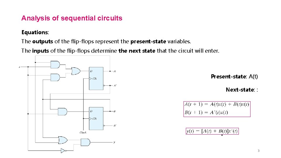 Analysis of sequential circuits Equations: The outputs of the flip-flops represent the present-state variables.