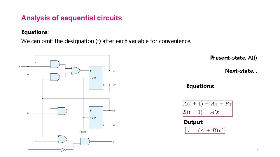 Analysis of sequential circuits Equations: We can omit the designation (t) after each variable