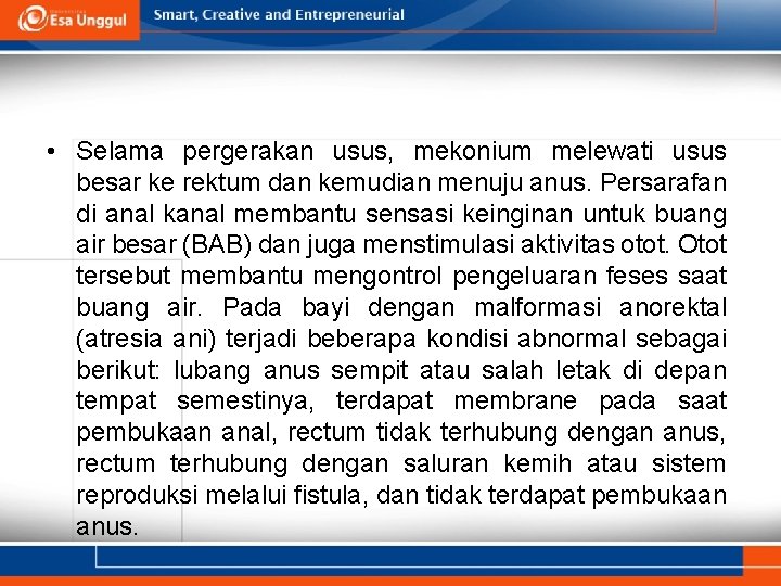  • Selama pergerakan usus, mekonium melewati usus besar ke rektum dan kemudian menuju