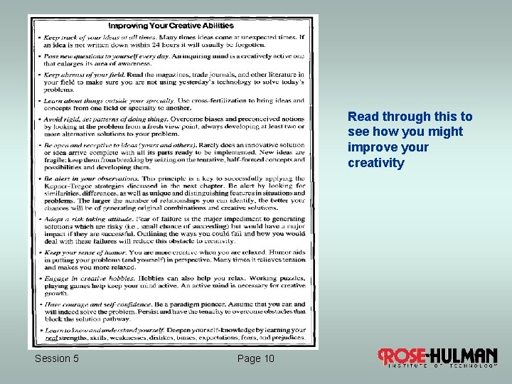 Read through this to see how you might improve your creativity Session 5 Page