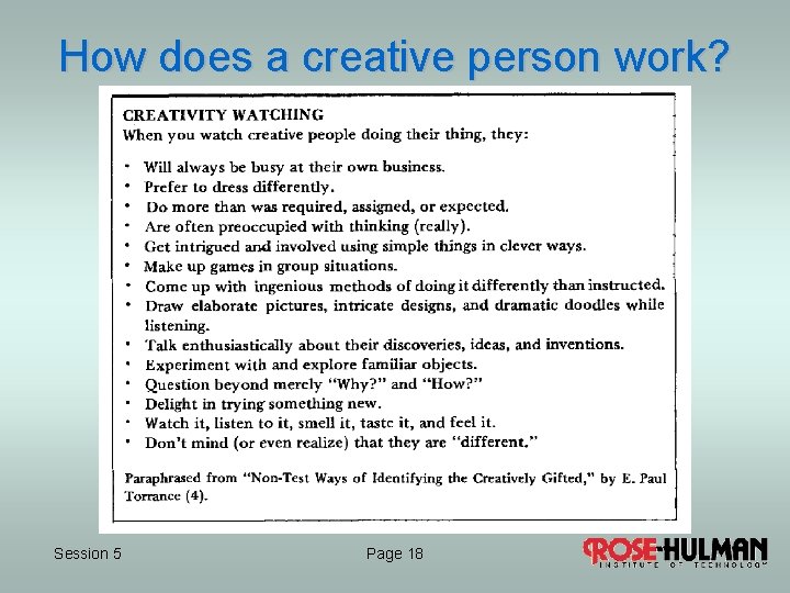 How does a creative person work? Session 5 Page 18 