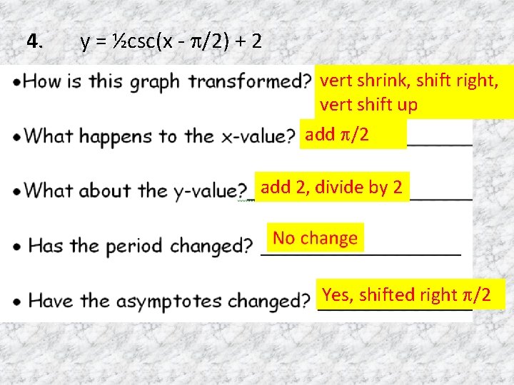 4. y = ½csc(x - /2) + 2 vert shrink, shift right, vert shift