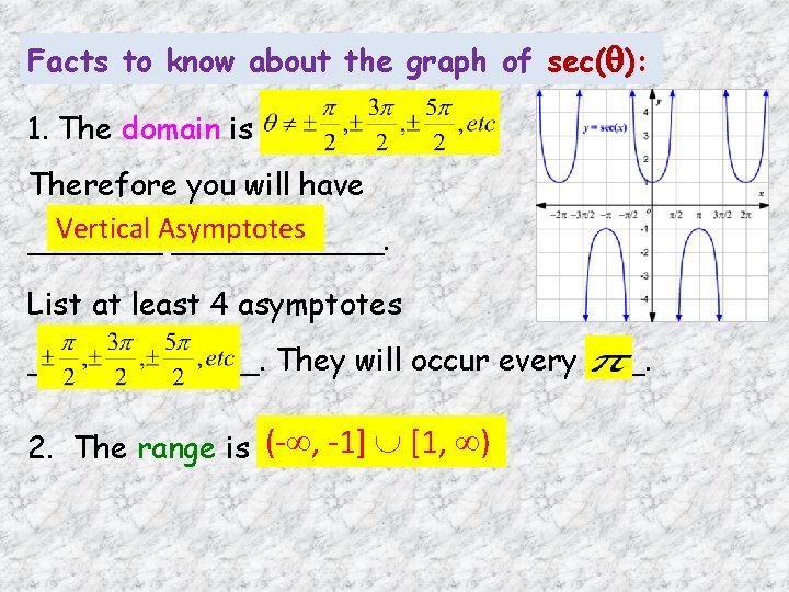 Facts to know about the graph of sec( ): 1. The domain is ______.