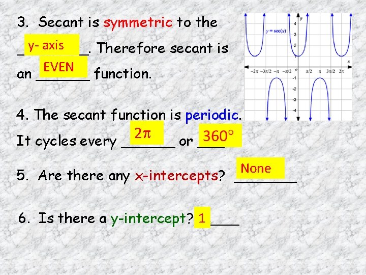 3. Secant is symmetric to the y- axis ____. Therefore secant is EVEN function.