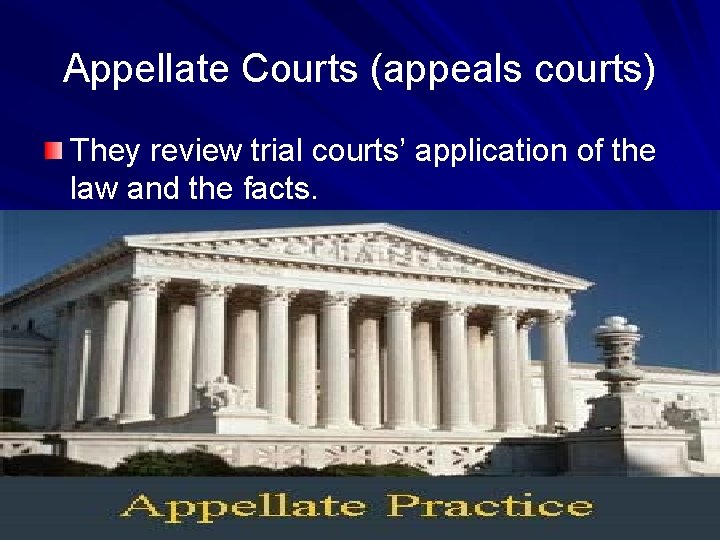 Appellate Courts (appeals courts) They review trial courts’ application of the law and the