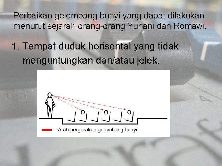 Perbaikan gelombang bunyi yang dapat dilakukan menurut sejarah orang-orang Yunani dan Romawi. 1. Tempat