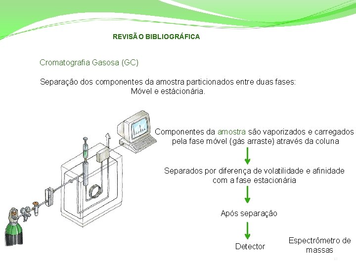 REVISÃO BIBLIOGRÁFICA Cromatografia Gasosa (GC) Separação dos componentes da amostra particionados entre duas fases:
