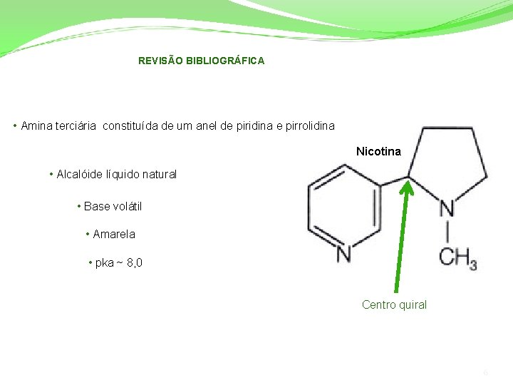 REVISÃO BIBLIOGRÁFICA • Amina terciária constituída de um anel de piridina e pirrolidina Nicotina