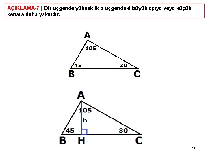 AÇIKLAMA-7 ) Bir üçgende yükseklik o üçgendeki büyük açıya veya küçük kenara daha yakındır.