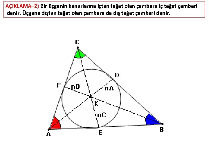 AÇIKLAMA– 2) Bir üçgenin kenarlarına içten teğet olan çembere iç teğet çemberi denir. Üçgene