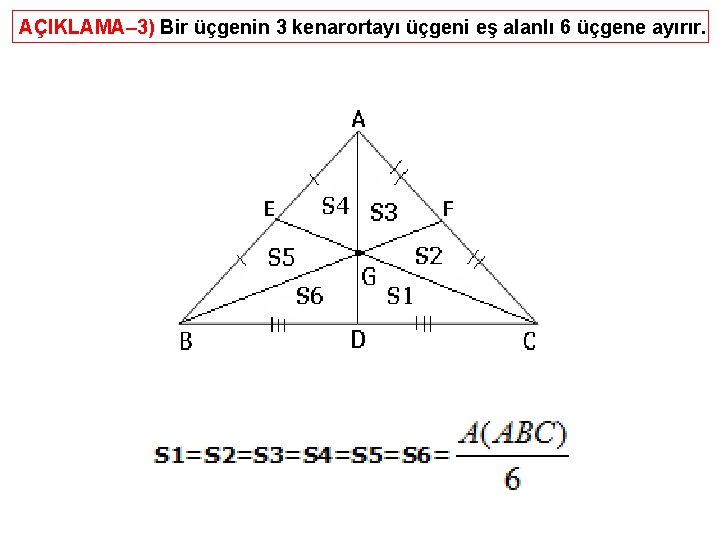 AÇIKLAMA– 3) Bir üçgenin 3 kenarortayı üçgeni eş alanlı 6 üçgene ayırır. 